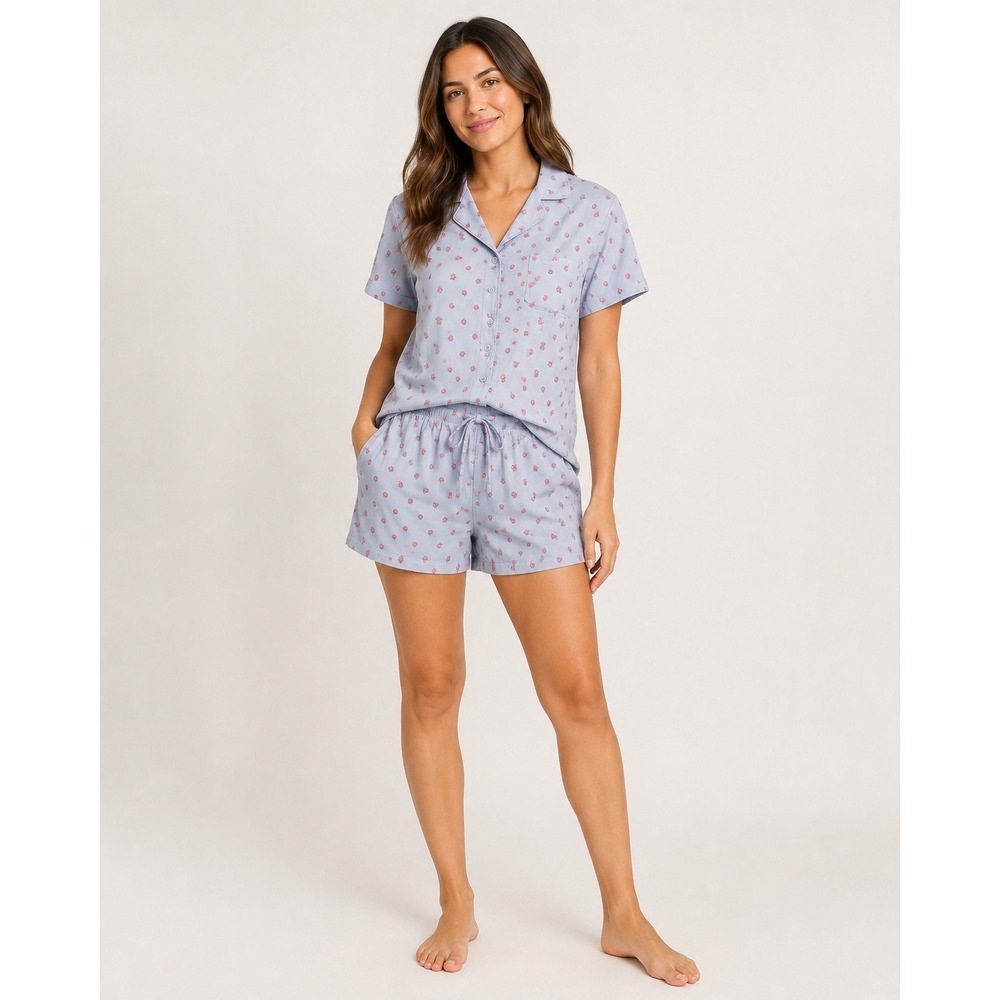 La Vie en Rose Pajama Set XXL Blue Pink Raspberry Print Button Down Shorts 2pc
